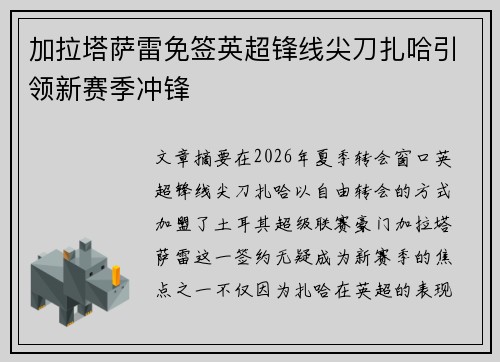 加拉塔萨雷免签英超锋线尖刀扎哈引领新赛季冲锋 加拉塔萨雷免签英超锋线尖刀扎哈引领新赛季冲锋
