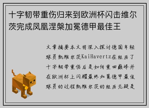 十字韧带重伤归来到欧洲杯闪击维尔茨完成凤凰涅槃加冕德甲最佳王